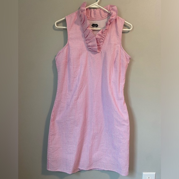 Mud Pie Dresses & Skirts - Mud Pie Pink and White Seersucker Sleeveless Ruffle Dress
